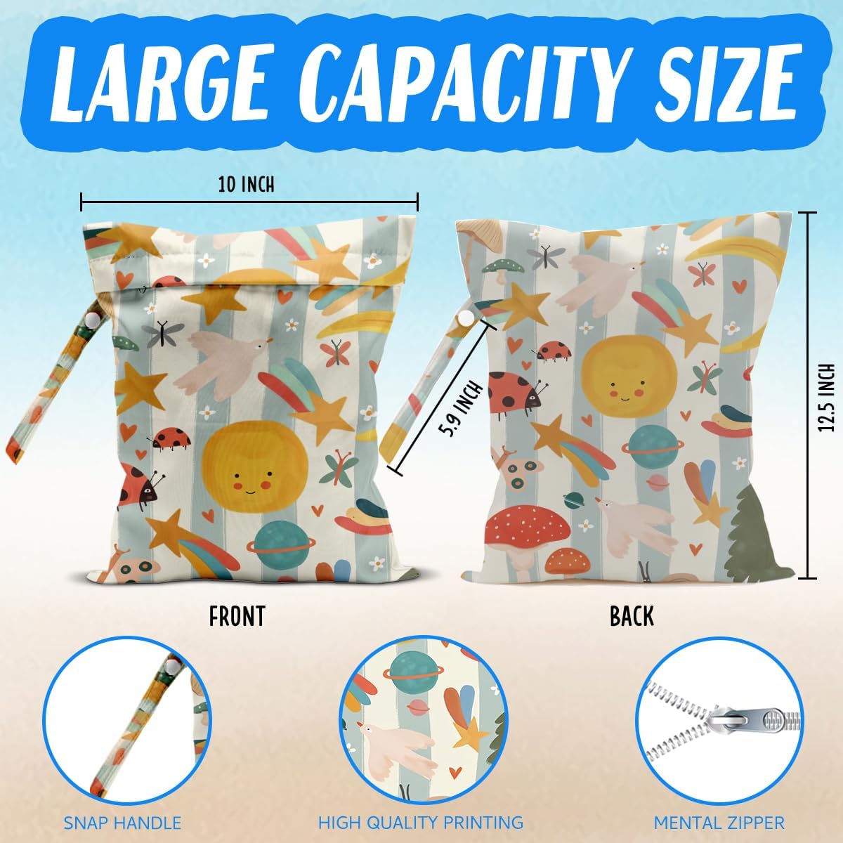 Wet Bag for Baby Swimsuit Dirty Clothes Diaper Yoga Gym, Wet Dry Bag, Beach Vacation Essential for Baby Travel Poor Swiming Bathing Toddler Items (Sun and Star)