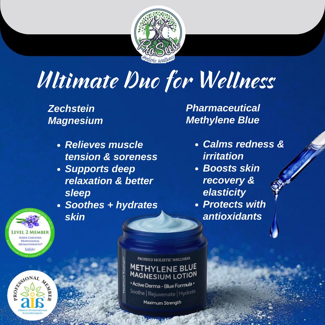ProSeed Methylene Blue Magnesium Lotion with Yarrow, Turmeric, Frankincense, Vitamin E, Chamomile – Deep Moisturizing Cream for Face & Body – Bedtime & Post-Workout Massage for Kids, Men, Women - 2oz