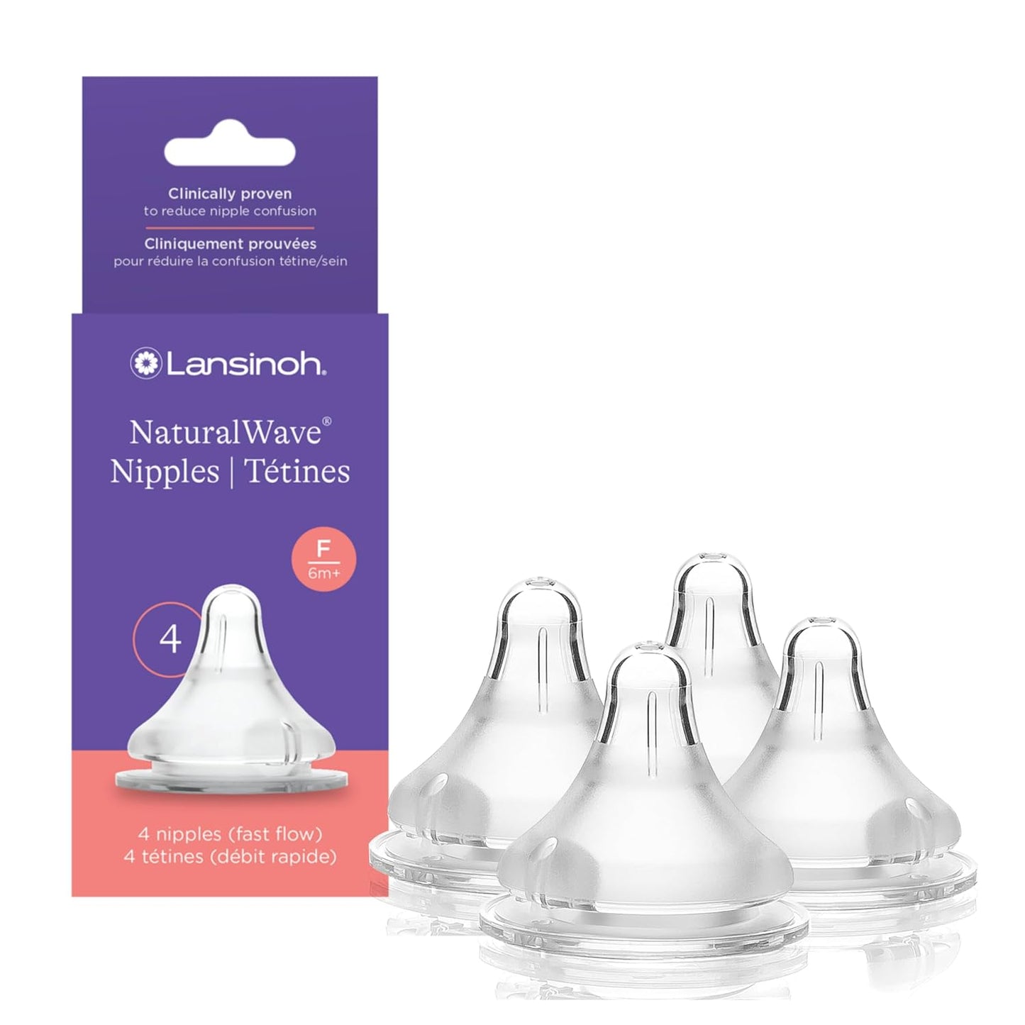 Lansinoh NaturalWave Baby Bottle Nipples, Fast Flow, Size F, 6+ Months, 4 Count – 100% Soft, Durable Silicone, Made Without BPA BPS, Anti-Colic, Supports The Baby’s Developing Mouth and Teeth