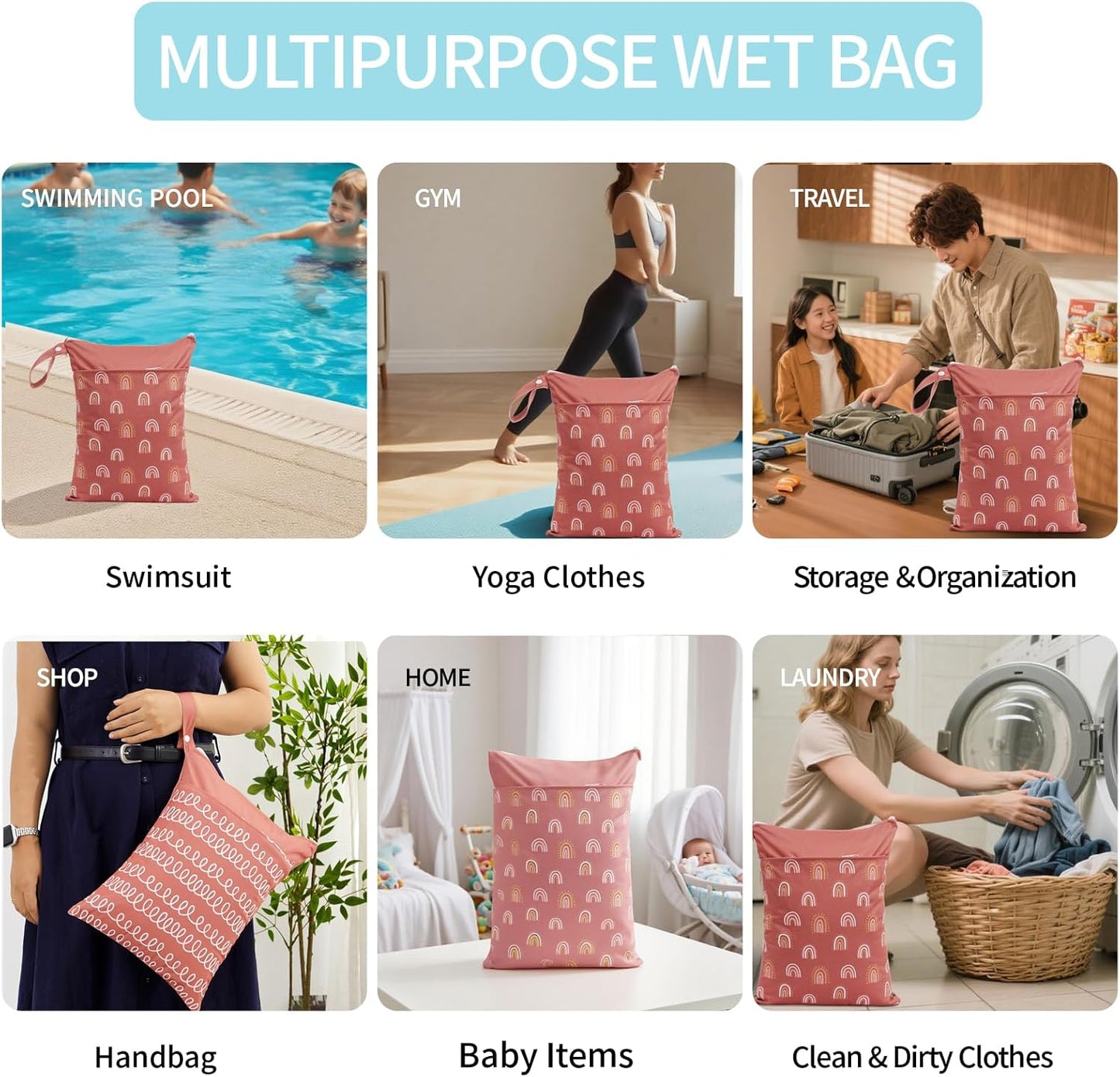 2pcs Wet Bags Waterproof Reusable Wet Dry Bag with Two Zippered Pockets Travel Beach Pool Daycare Yoga Gym Bag for Baby Cloth Diaper,Swimsuits,Wet Clothes (Circles & Arch Bridges)