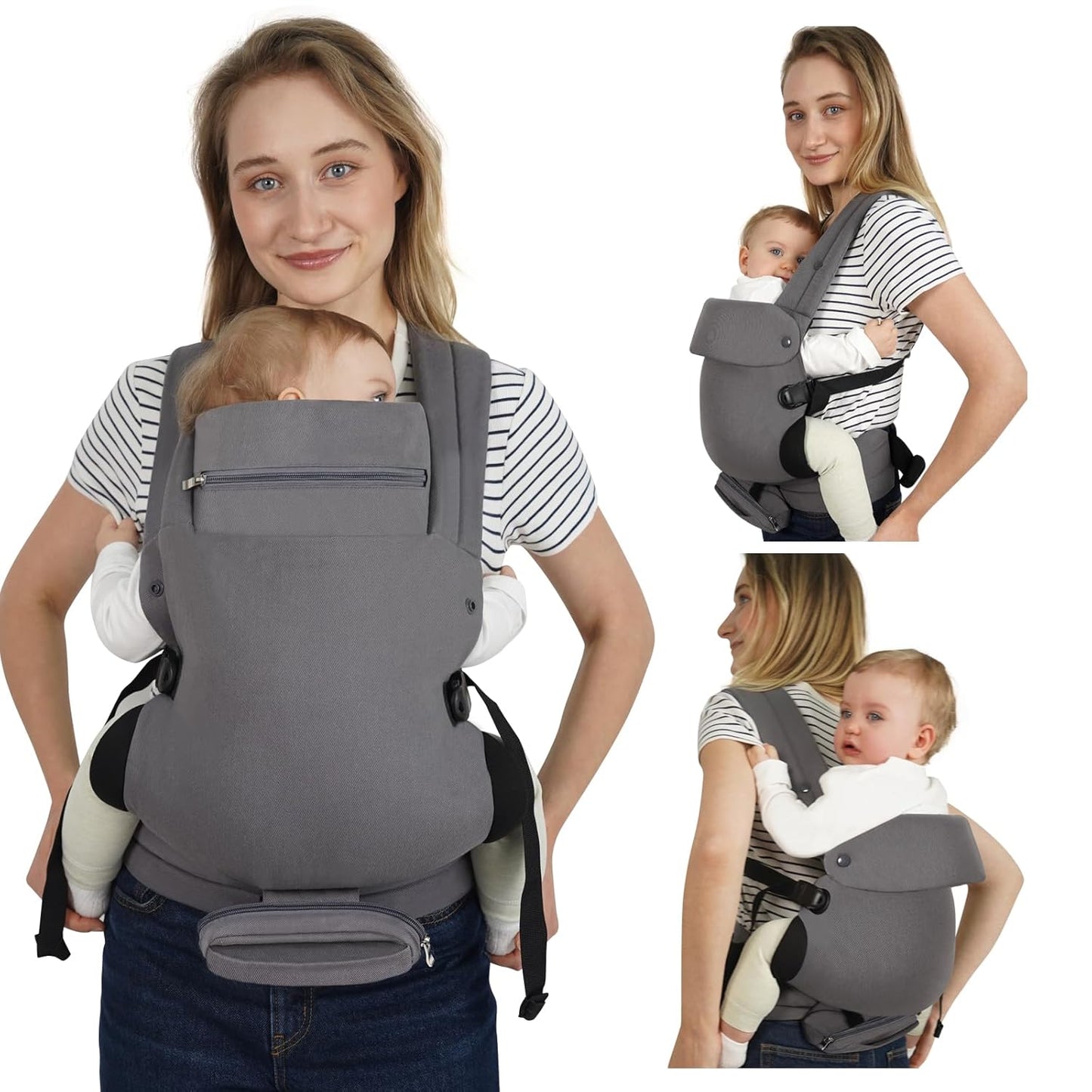Baby Carrier, Baby Carrier Newborn to Toddler, Ergonomic, Cozy and Lightweight Infant Carrier for 7-44lbs, Toddler Carrier Ideal for Hands-Free Parenting with Zipper Pouch, Bottle Bag, Windproof Cover