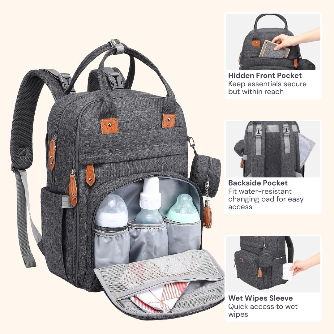 BabbleRoo Diaper Bag Backpack - Baby Essentials Travel Tote - Multi Function Water Resistant Diaper Bag, Travel Essentials Baby Bag with Changing Pad, Stroller Straps & Pacifier Case - Dark Gray
