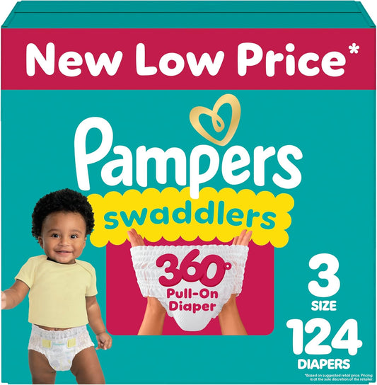 Pampers Diapers - Swaddlers 360° - Size 3, 124 Count, up to 100% Leakproof Comfy Dry Fit, Designed for Easy Changes, Pull On Baby Diaper (Packaging May Vary)