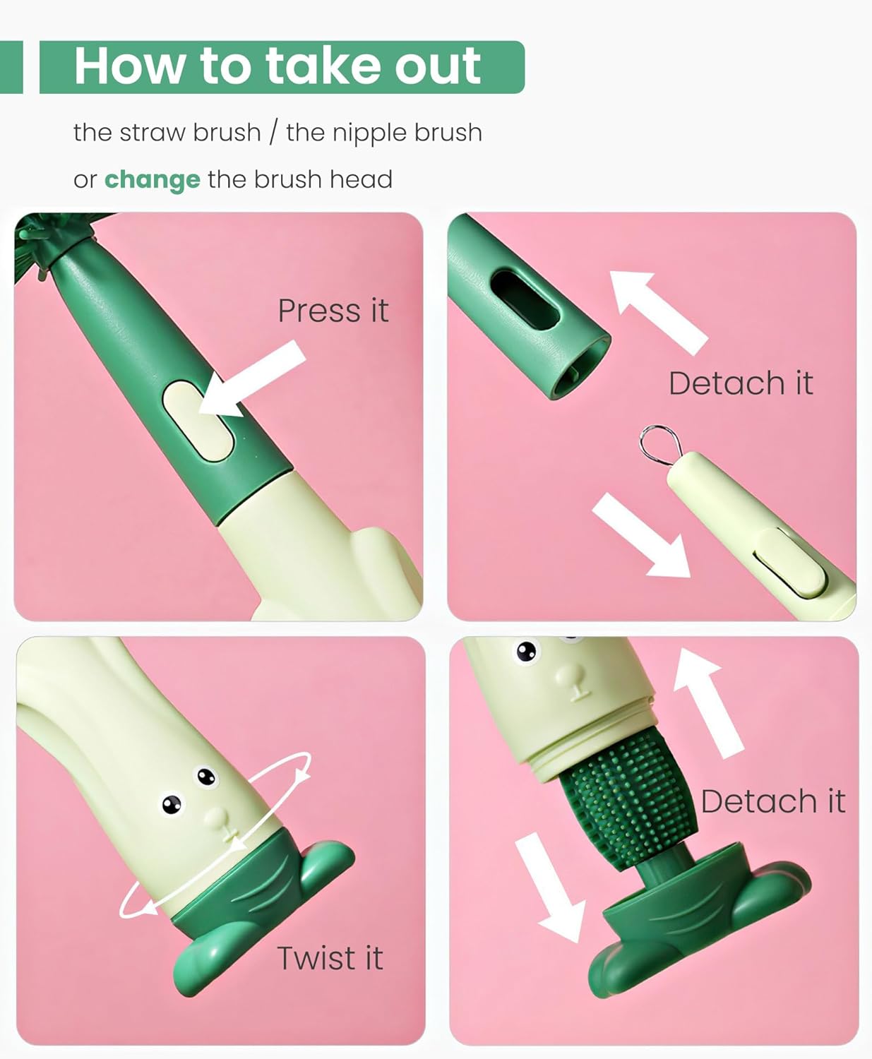 5-in-1 Baby Bottle Brush Set, Bottle Brush for Baby, Baby Bottle Scrubber, Including Silicone & Nylon Bottle Brush, Bottle Cap Brush, Straw Brush, Nipple Brush, BPA-Free (Red)