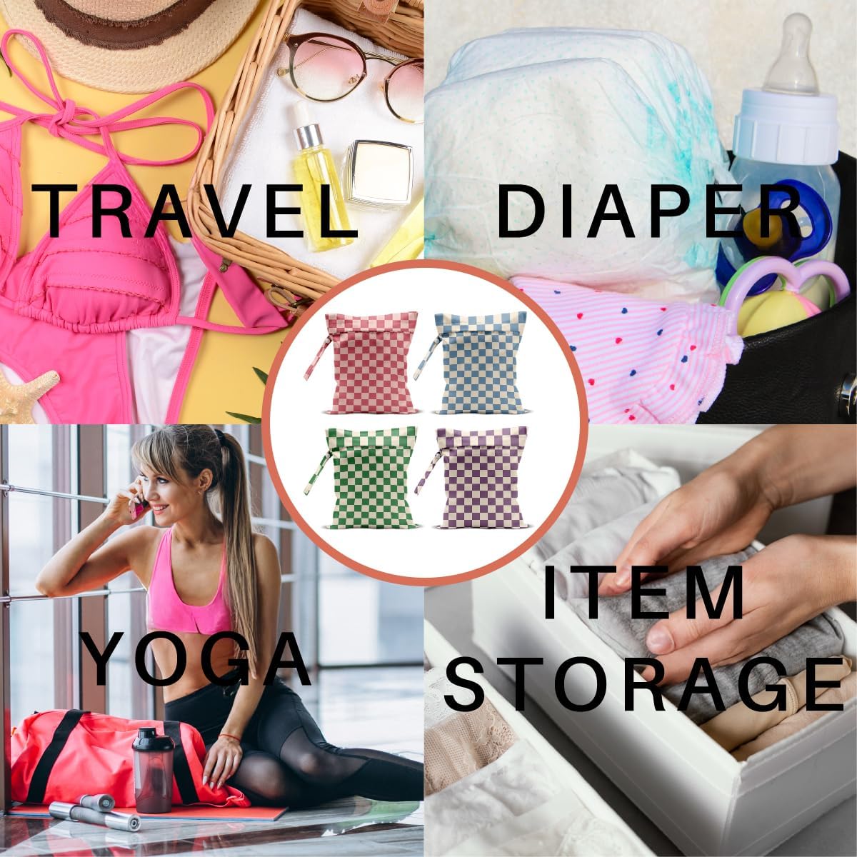 4 Pack Cute Wet Bag Waterproof Washable Reusable Wet Dry Bag for Swimsuit Dirty Clothes Diaper Travel Pool Yoga Gym Birthday Party Camping Toiletries Travel Beach Essentials, Colorful Checkered