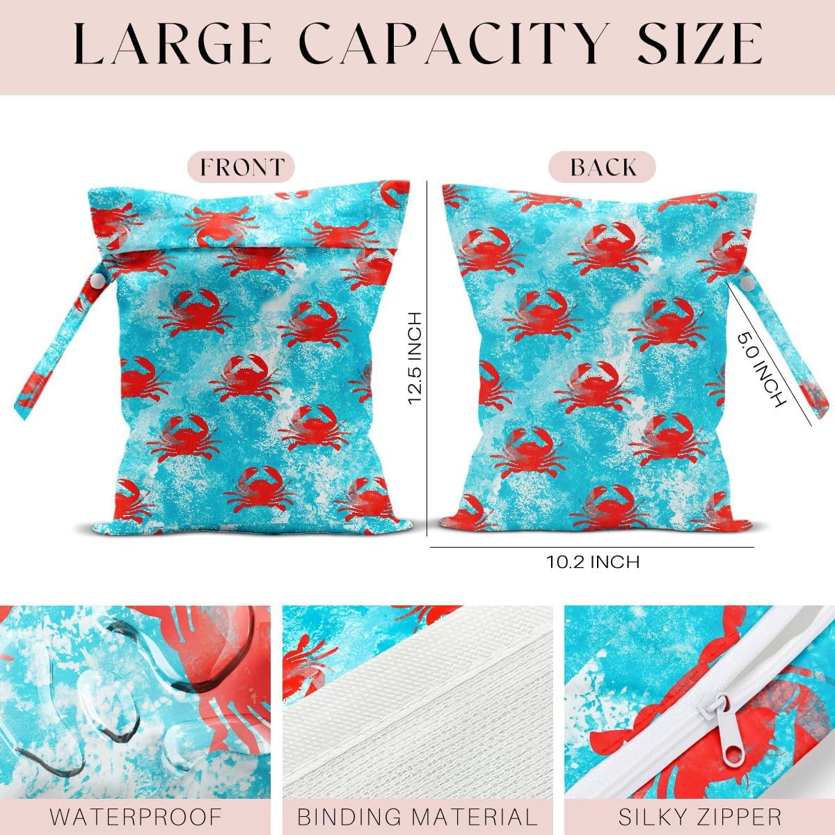 4 Pack Wet Bag for Swimsuit, Beach Travel Essentials Wet Dry Bag, for Sunscreen Toiletry Dirty Clothes Yoga Gym Diaper, Friend Summer Beach Vacation Gifts. Crabs, starfish, jellyfish