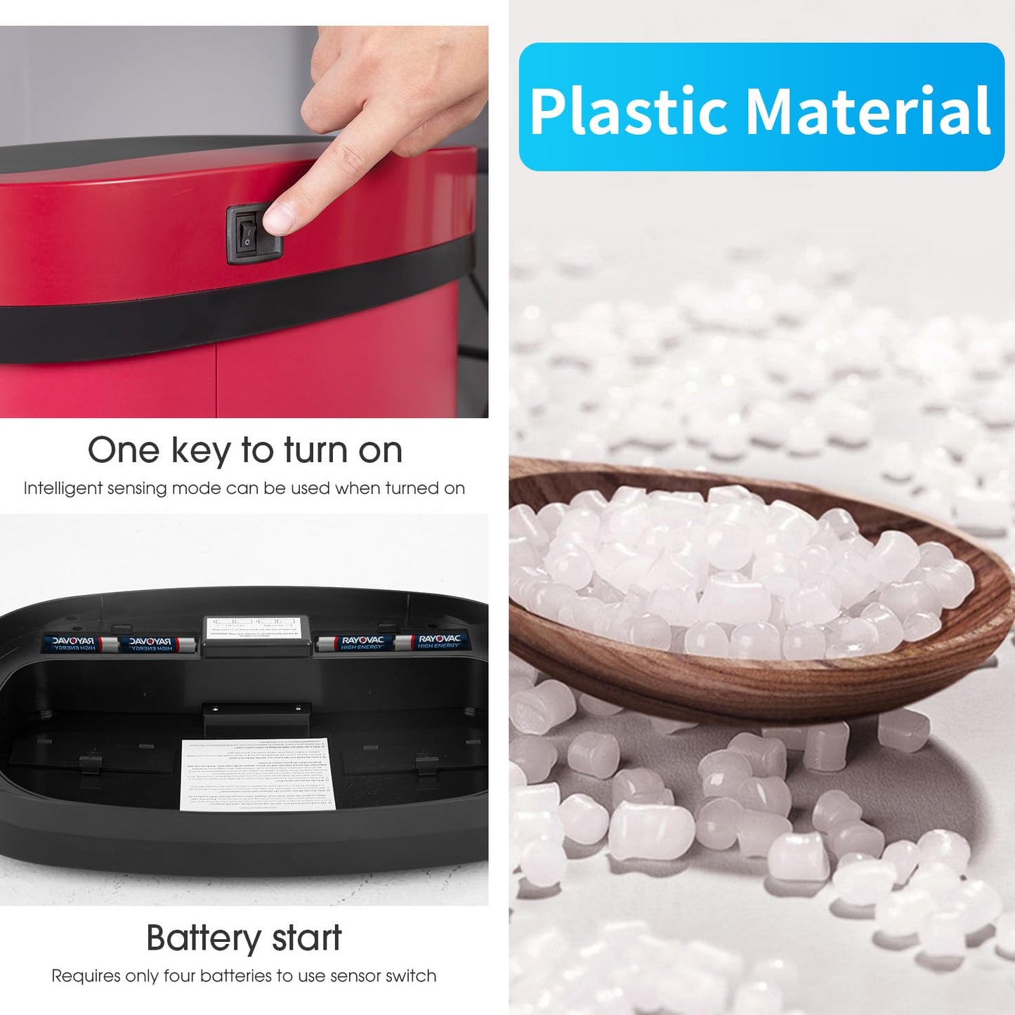 BestOffice | 13 Gallon Plastic Trash Can with Lid | Red | Automatic Touchless Garbage Can | Odor Control | Modern Oval Design | Easy to Clean | Fits Any Kitchen, Bathroom, Office or Home