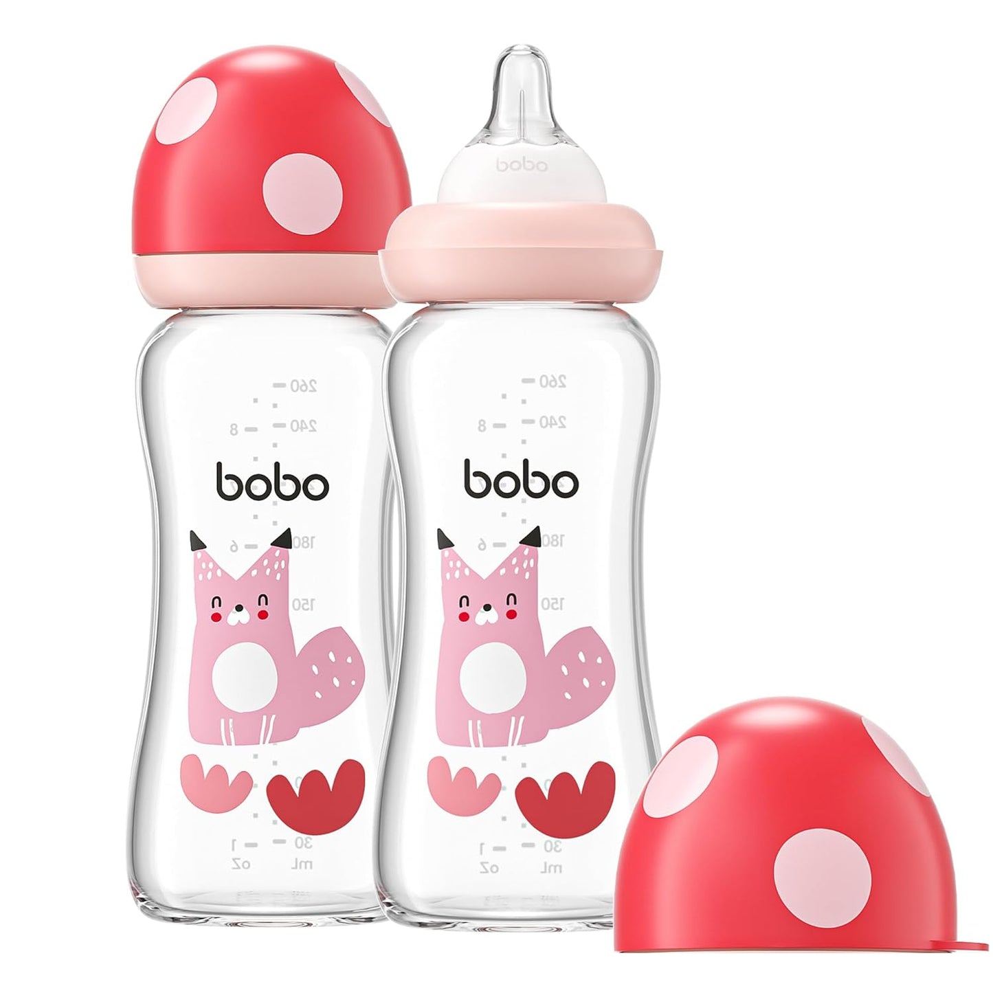 YOHKOH Natural Glass Baby Bottle with Natural Response Nipple, Newborn Anti-Colic Baby Bottles, Wide Neck Mushroom Cap Baby Bottle, Clear (8.8ounce (Pack of 2), Red2)