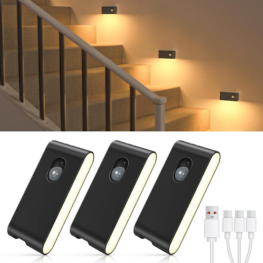 WILLED Rechargeable Night Light, Wireless Stair Lights Indoor, Warm White Motion Sensor Light Indoor, Stick-Anywhere, Battery Powered Night Light for Hallway, Stairway, Bathroom, Bedroom, 3 Pack