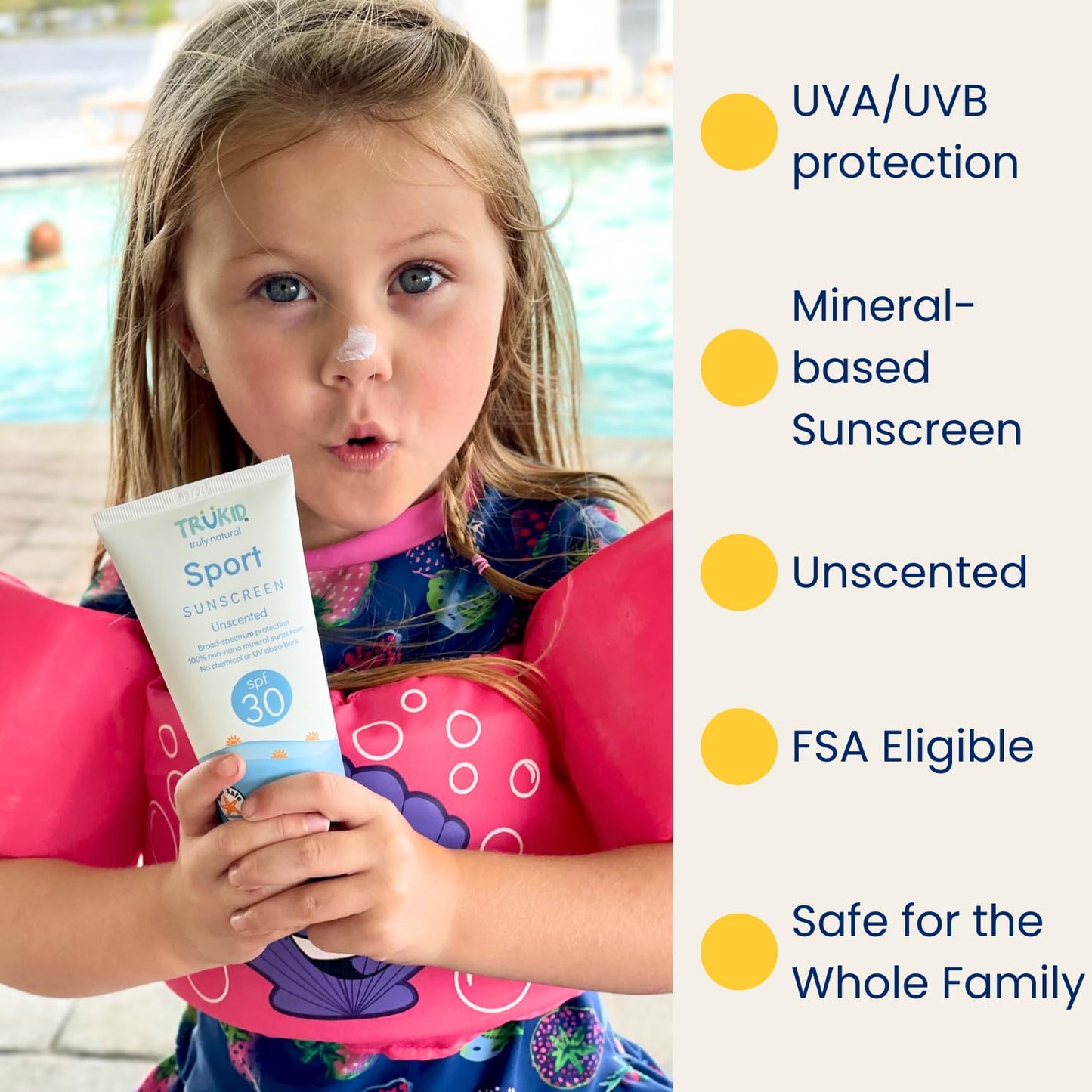 TruKid Sport Mineral Sunscreen SPF 30 - All Natural Kids & Baby Sunscreen for Face & Body, Non-Toxic Zinc Oxide Sunblock Protection for Sensitive Skin, Unscented, FSA Eligible, Travel Size 3.4oz