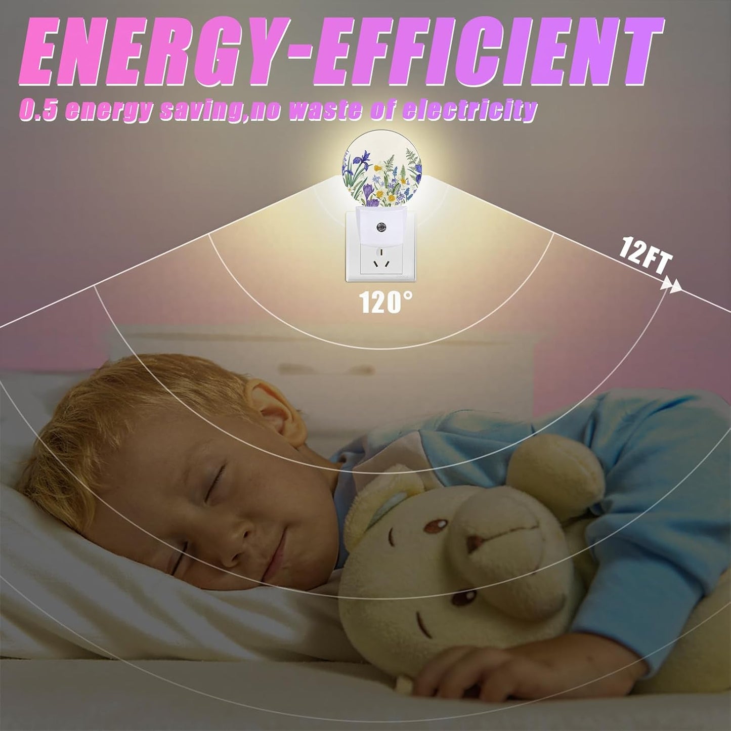 Wildflowers Night Light Spring Floral Night Lights LED Lamp Round Plug into Wall Nightlight with Dusk to Dawn Sensor Home Hallway Stairway Kitchen Decor