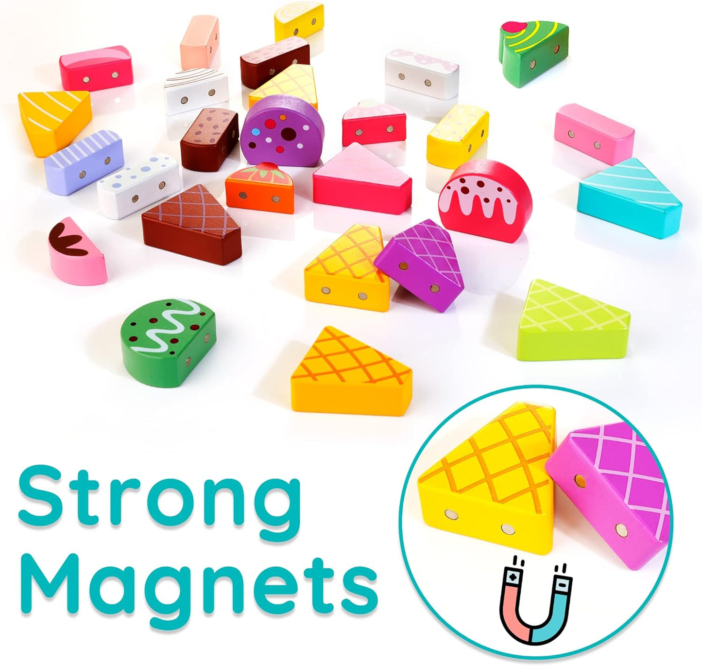 Wooden Ice Cream Truck, 28 pcs Magnetic Ice Cream Sweet Treats Pretend Play Food & Accessories, Montessori Sorting & Stacking Toys for Toddler Girls & Boys Age 2-5