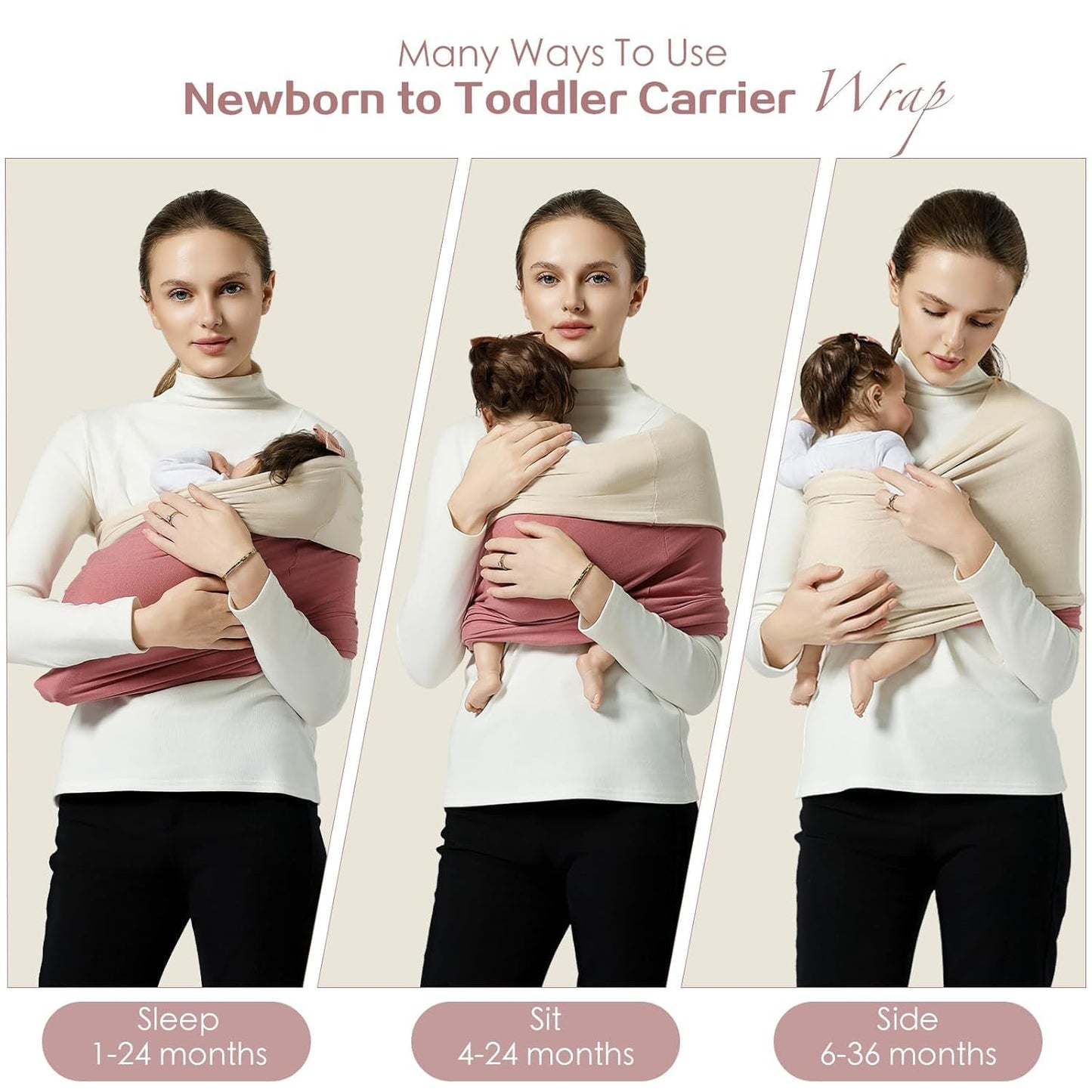 Baby Wraps Carrier, Baby Carrier Wrap Baby Wearing Wrap Newborn Wrap Carrier(7-30lbs), Baby Sling, Baby Carrier Sling for Newborn and Infant, Cream+Pink