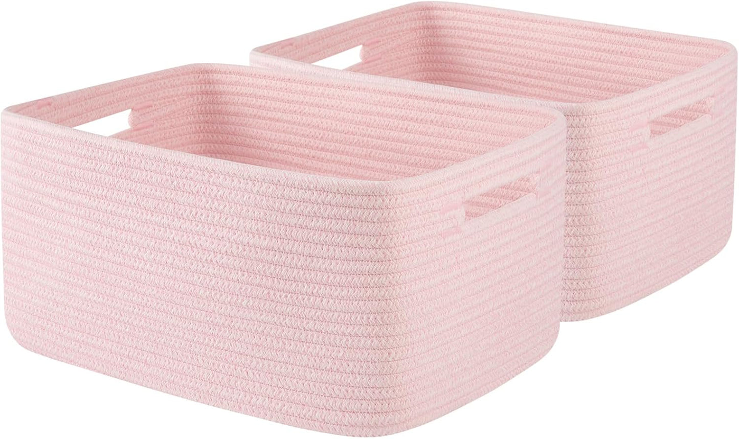 OIAHOMY Storage Basket for Shelves, Closet Cube Storage Bins Baskets for Clothes Blanket Towels, Baby Nursery, Toy Baskets Box, Woven Rope Basket, 15.75*11.81*7.09 IN, 2 Packs Mixed Pink