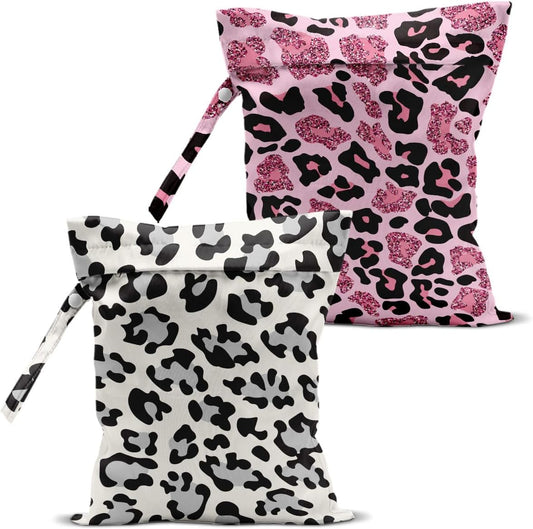 2Pcs Leopard Print Wet Bags, Wet Dry Bag Reusable Zipper Pouch for Swimsuit, Diapers, Travel, Pool, Beach, Dirty Yoga Gym Clothes, Toiletries, Waterproof Birthday Christmas Gifts