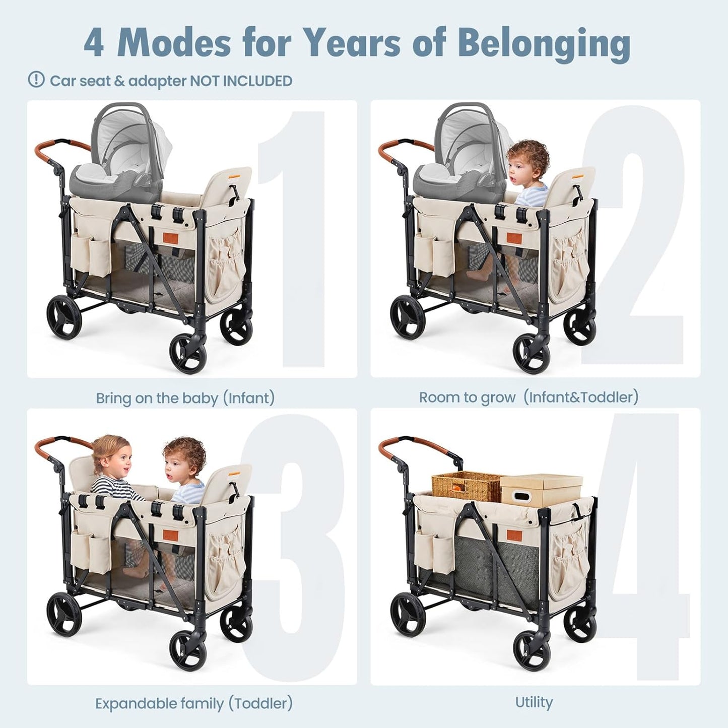 Wagon Stroller for 2 Kids, High Seat & 5 Point Harness, Foldable All-Terrain Wagon for Toddler with Canopy, Parent Organizer, Shoulder Bag, Adjustable Handlebar, Ultimate Double (Beige)
