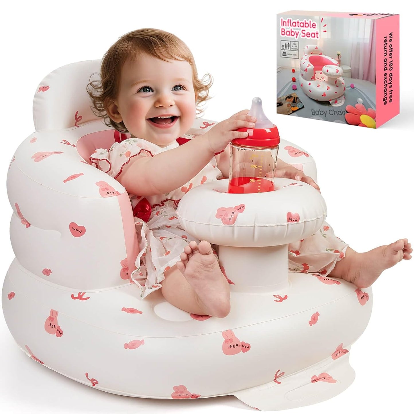 Inflatable Baby Seat for Infans for Sitting Up,Baby Chair Sit Me Up with Tray and Back Support,Learning to Sit for 4-36 Months,Includes Built-in Air Pump(Pink Bunny)