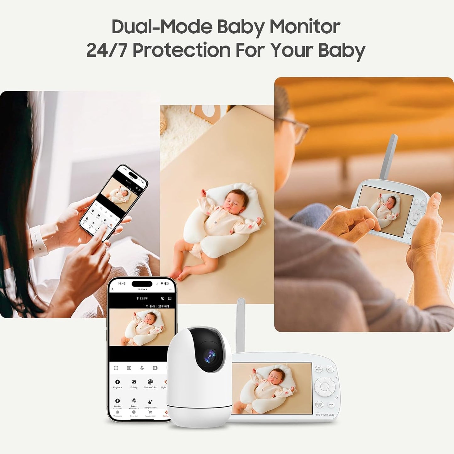 Smart WiFi Baby Monitor with Camera and Audio, 5.5” 1080P Wall-Mountable Display, 360° Pan & Tilt, HD Night Vision, Soothing Music, Multi-User Support, Two-Way Talk, Temperature & Motion Detection