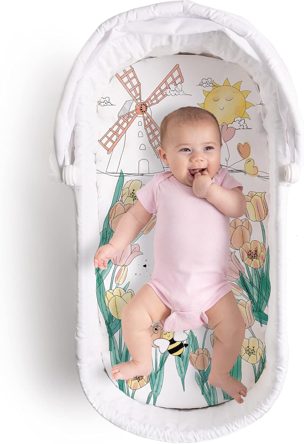 JumpOff Jo - Hypoallergenic Fitted Bassinet Sheet for Baby Boys & Girls - Rectangular, Hourglass & Oval Crib Compatible, Soft, Breathable, Machine Washable - Tulip Fields