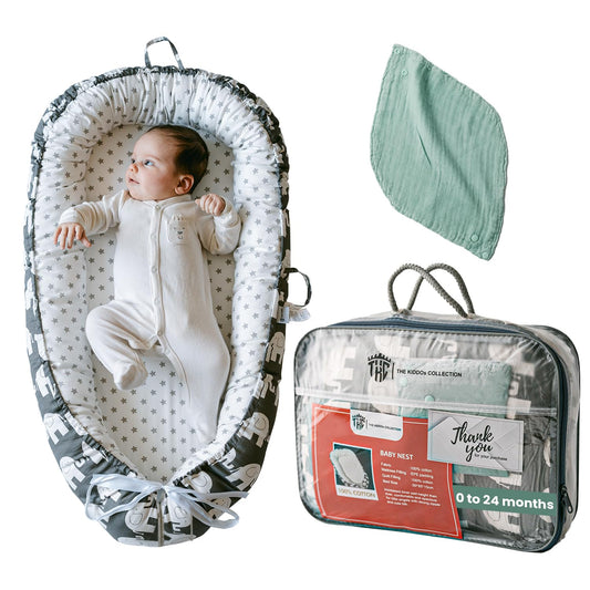 TKC Baby Lounger 0-24 Months | Adjustable Infant Lounger | Breathable Organic Cotton Cover | Reversible, Portable Baby Nest | Includes Bib | Elephant