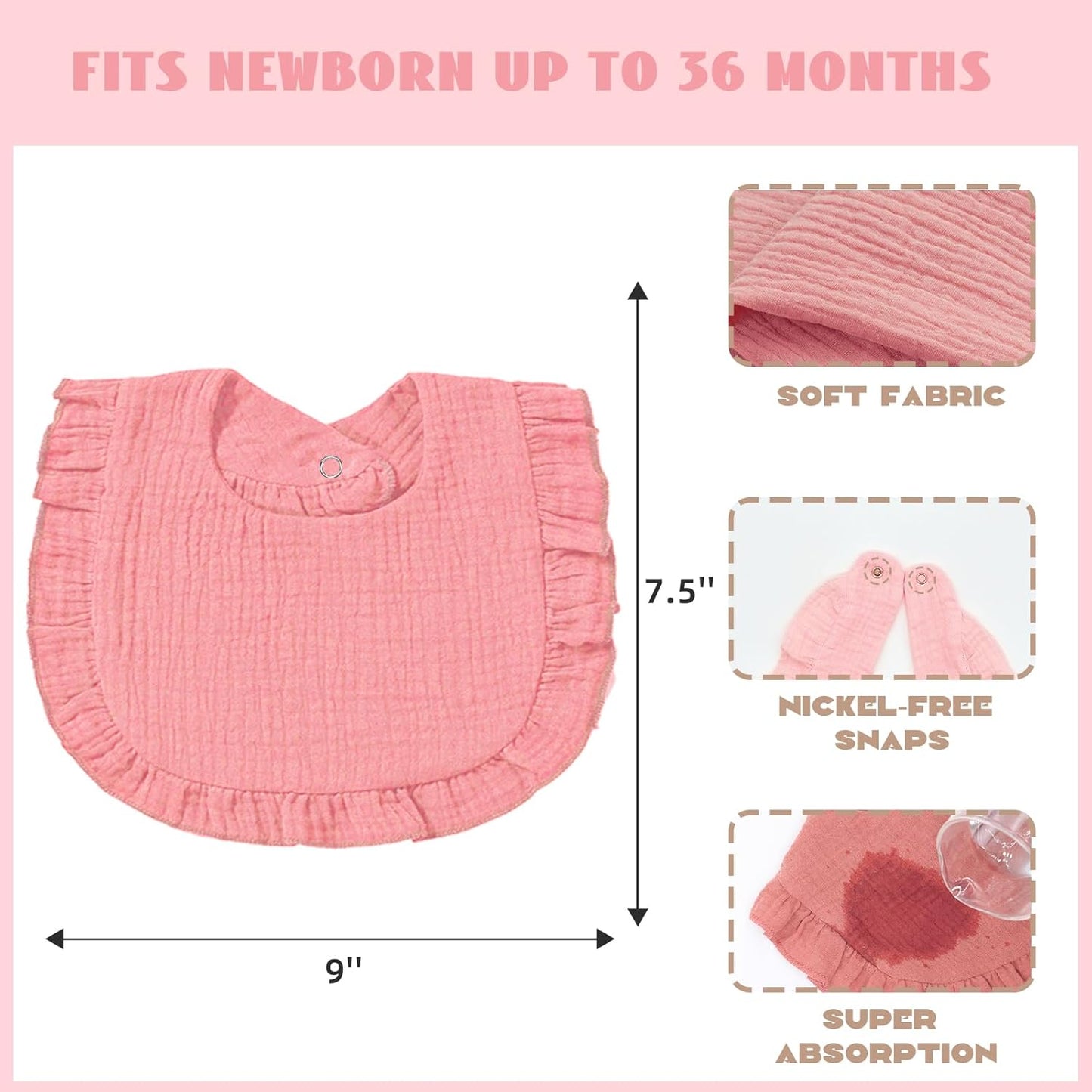 Baby Muslin Bibs, Bandana Drool Bib for Girls, Adjustable 100% Cotton Soft Baby Bibs for Drooling and Teething Organic Solid Colors Lap-Shoulder