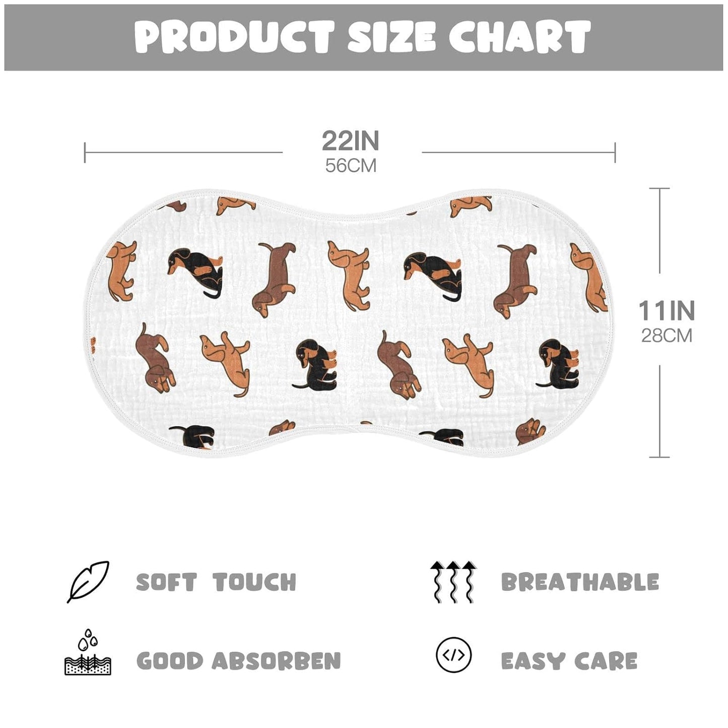 Muslin Baby Burp Cloths Set of 2, Soft Absorbent Cute Dogs Dachshunds Muslin Washcloths, Bibs, Face Towel for Newborn Boys Girls, 22 x 11 Inch