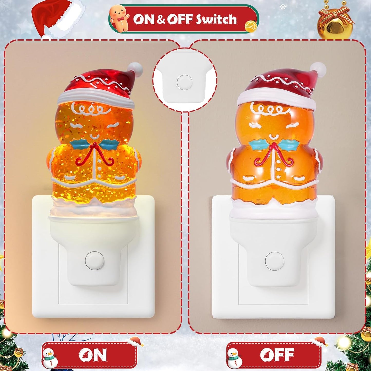 Christmas Night Light Plug into Wall Glitter Water Nightlight with USB/Outlet Options, Christmas Gingerbread Decorative Nightlight for Bedroom Kitchen Nursery Holiday Decorations Gifts (Gingerbread)