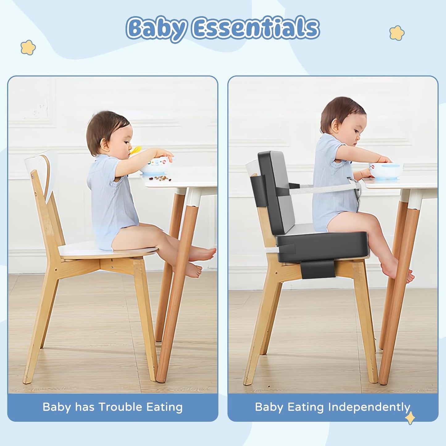 Booster Seat for Kitchen Chair, Toddler Booster Seat for Dining Table with Backrest and Safety Buckles, Portable Non-Slip Bottom Toddler Booster seat for Table