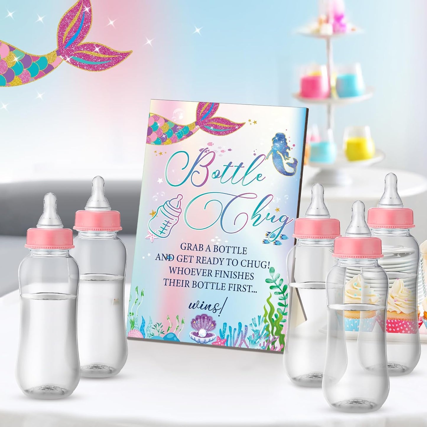 TrelaCo Mermaid Cool Baby Shower Games Bottle Chug Sign Wooden Mermaid Theme Gift Sets Gender Reveal Party Favors and 12 Pcs Baby Bottle Shower Favor for Games Gender Reveal