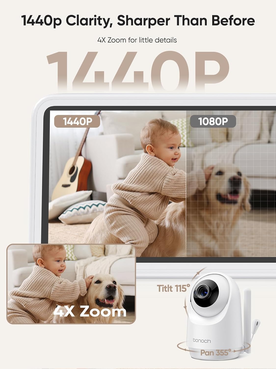 bonoch Add-on Baby Camera Unit for BBM14/BBM16 Only, 1440p HD Video Baby Monitor Camera No WiFi, Split-Screen, Night Vision, 4X Zoom, 2-Way Audio, White Noise, 3Lullabies, Incompatible with Phone