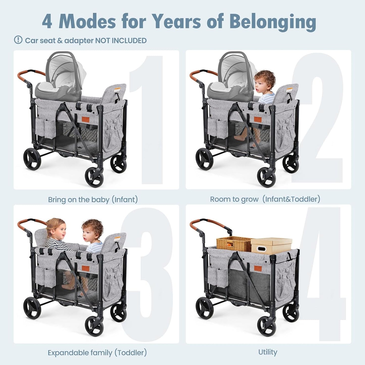 Wagon Stroller for 2 Kids, High Seat & 5 Point Harness, Foldable All-Terrain Wagon for Toddler with Canopy, Parent Organizer, Shoulder Bag, Adjustable Handlebar, Ultimate Double (Gray)
