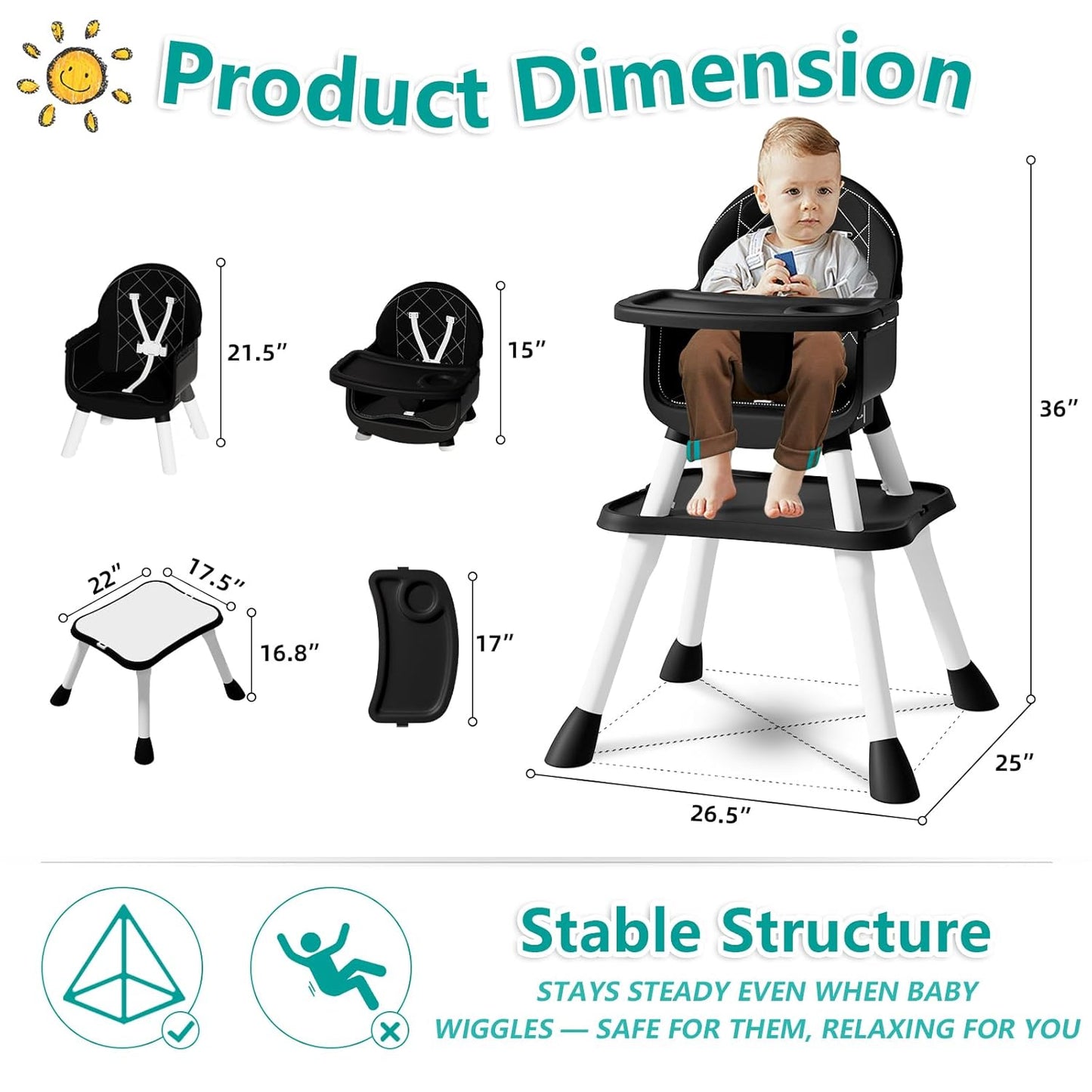 6 in 1 Baby High Chair for Babies and Toddlers, Booster Seat, Kids Learning Table & Chair (Black)