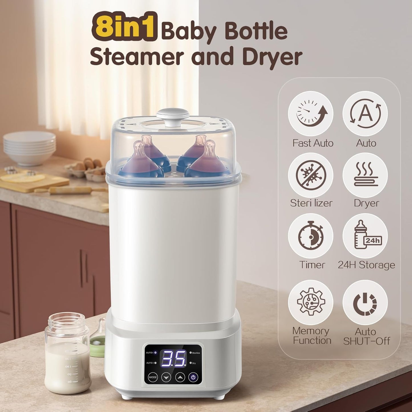 Baby Bottle Steamer and Dryer: 8 in 1 Compact Electric Steam - Portable for Travel and Home Use - for Baby Bottles Pacifiers Breast Pump Parts and Other Newborn Essentials BPA Free Auto Shut Off