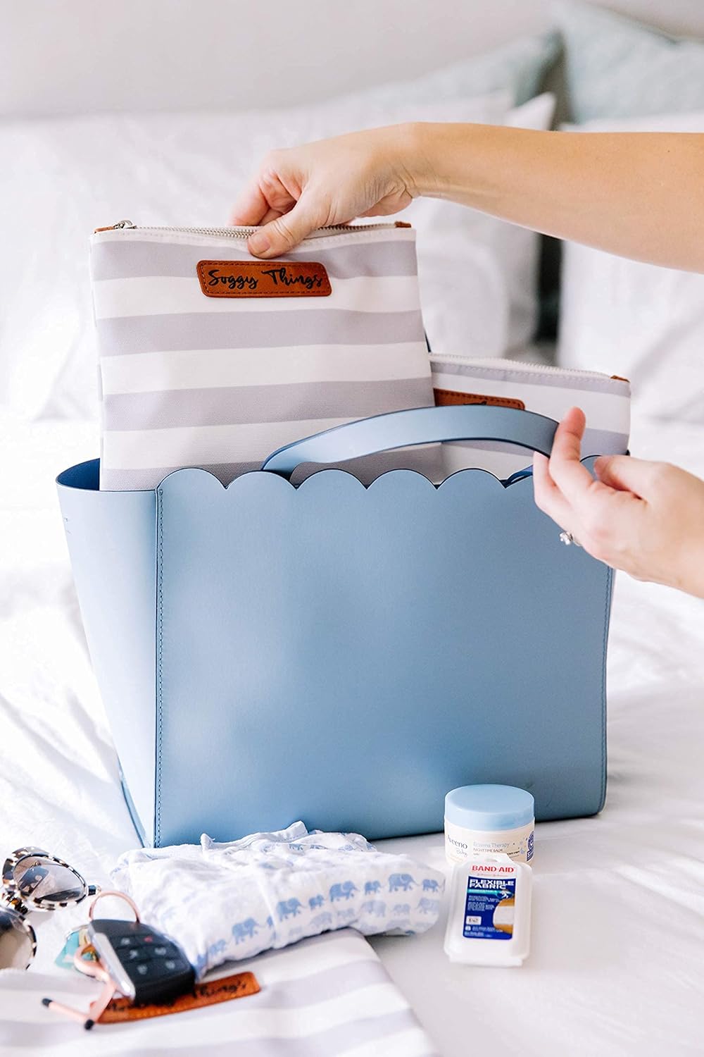 Stylish Diaper Bag Organizing Pouches - XL Set of 4 Gray and White Striped Canvas Diaper Bag Pouches with Leather Embossed Labels, Leather Wristlet Strap & Durable Metal Zippers