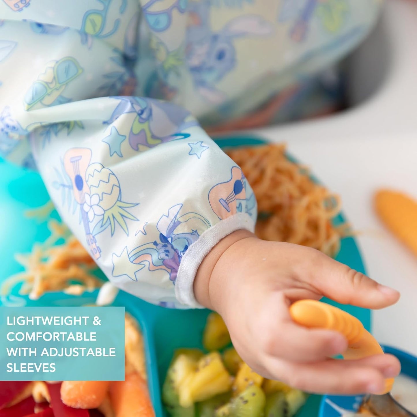 Bumkins Disney Sleeved Bib for Girl or Boy, Baby and Toddler for 6-24 Mos, Essential Must Have for Eating, Feeding, Baby Led Weaning Supplies, Long Sleeve Mess Saving Food Catcher, Aloha Stitch