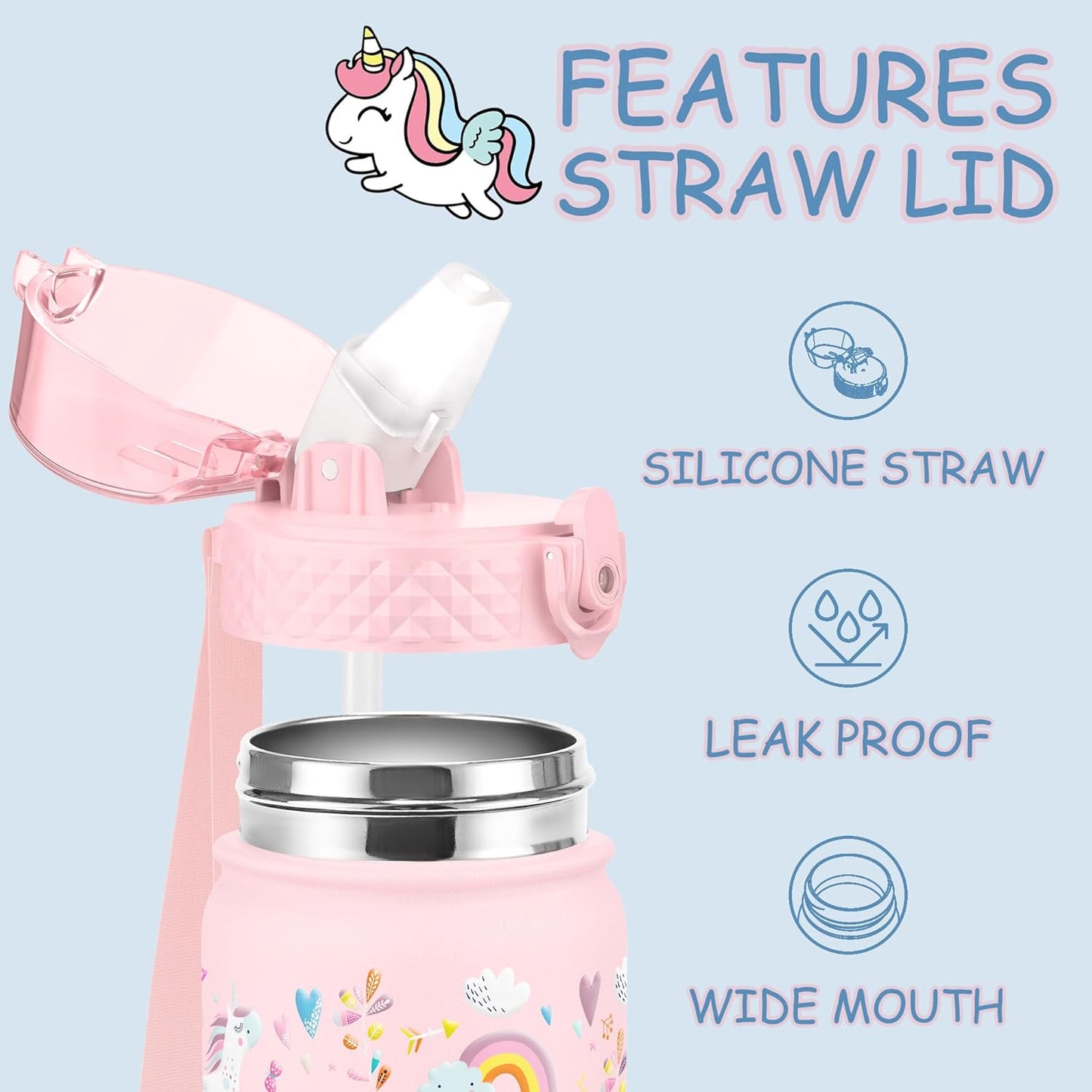 Kids Water Bottle, GOPPUS 18 oz Insulated Water Bottle with Straw, Double Vacuum Leakproof, BPA Free, for Boys and Girls,Pink Unicorn
