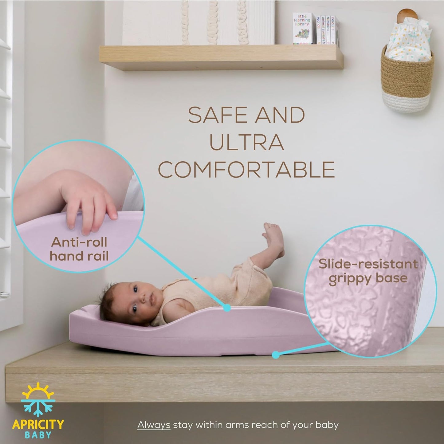 Apricity Baby Diaper Changing Pad – Waterproof Wipe-Clean Foam Changing Mat with Raised Sides, Non-Slip Base & Portable Design, Extra-Large 31.5” × 19.7” for Newborn to Toddler (Pink)