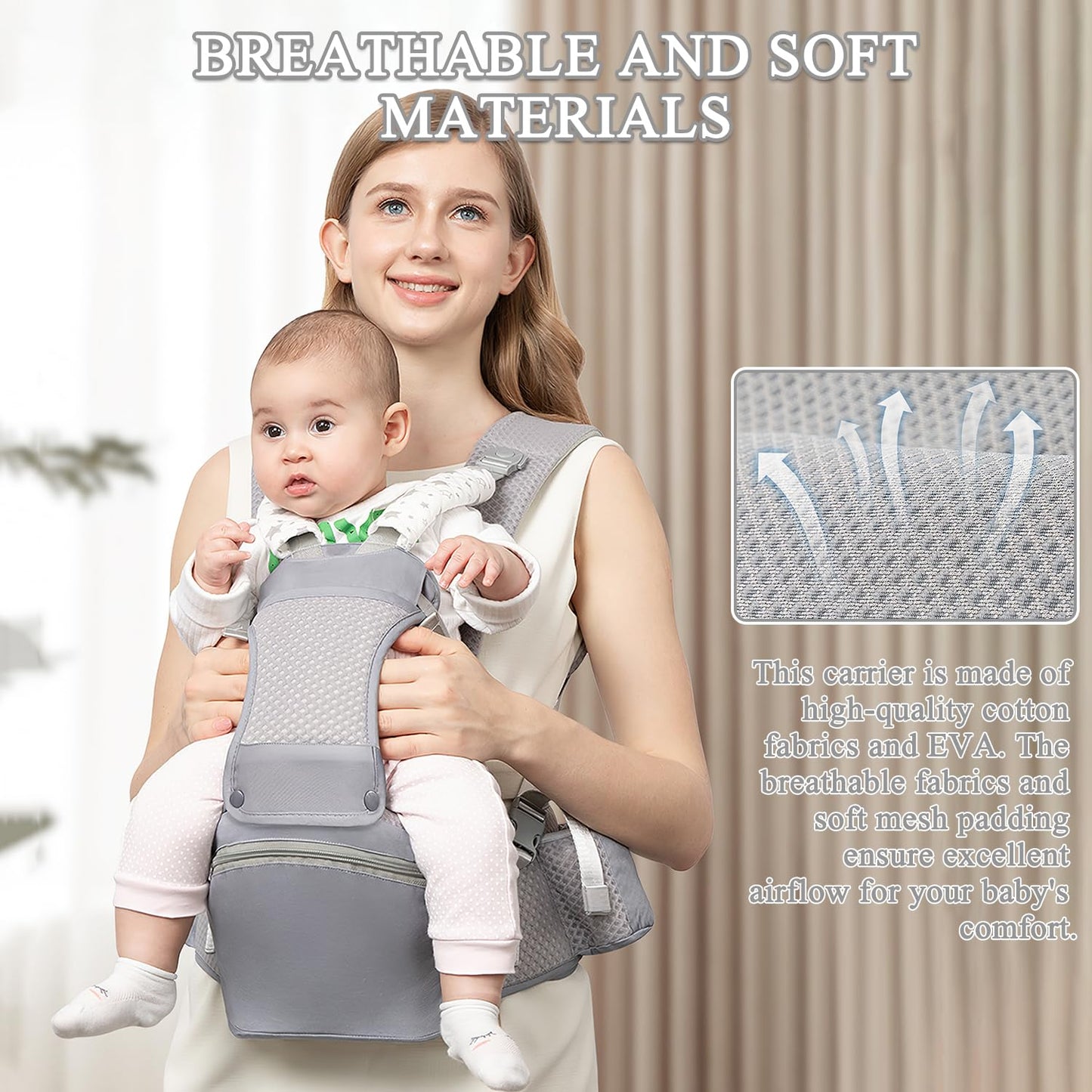 Baby Carrier with Hip Seat for Newborn to Toddler, 6-in-1 Ergonomic Infant Carrier for 0-36 Month Baby, All Positions Soft Breathable Mesh Wrap Carrier with Waist Stool, Baby Holder-Grey