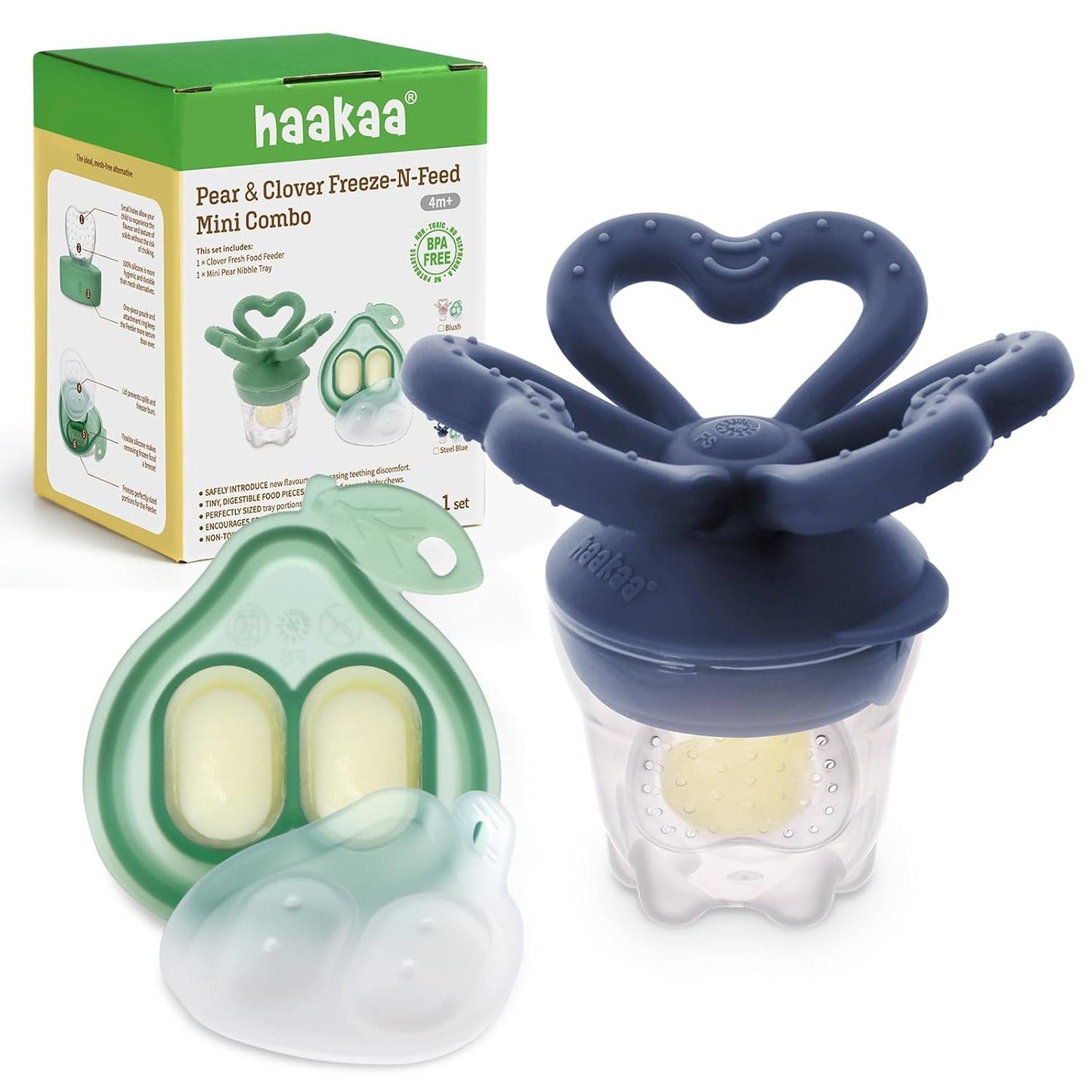Haakaa Clover Baby Fruit Feeder Teether & Mini Freezer Nibble Tray – BPA-Free Silicone Breastmilk Popsicle Mold for Baby Teething Relief & Self-Feeding, 4M+ (Steel Blue)
