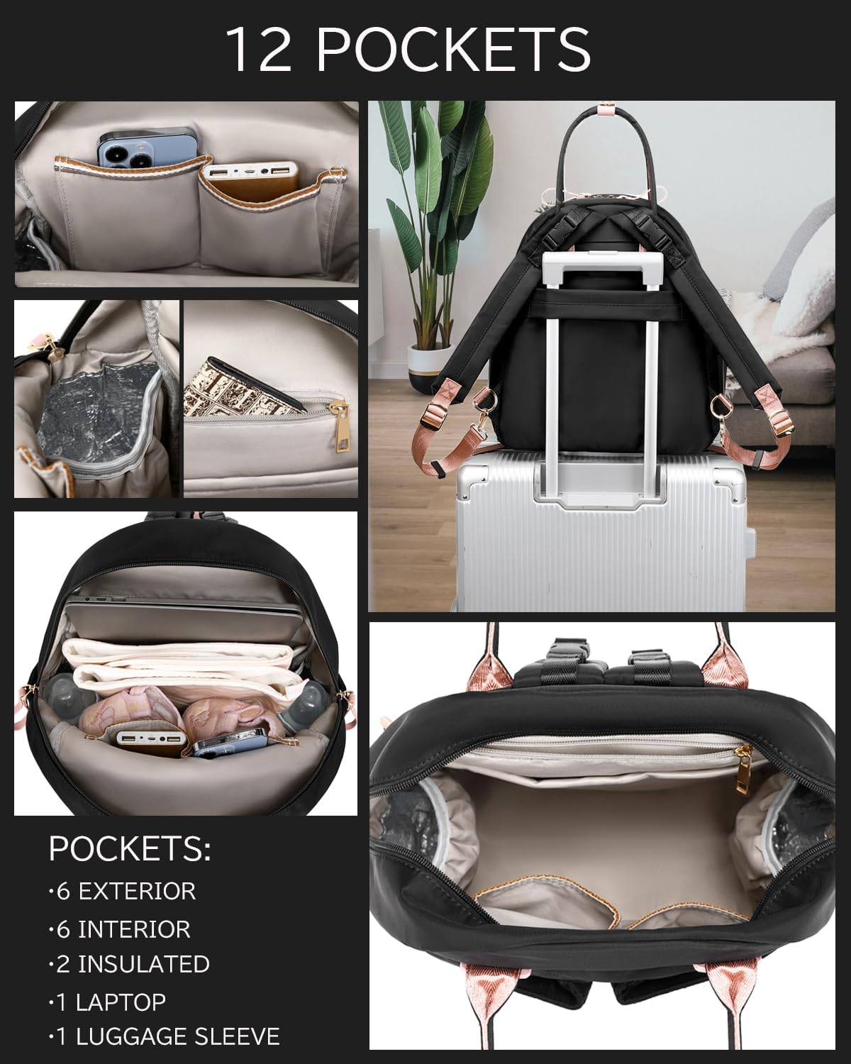 18 Pockets Large Diaper Bag Backpack with Waterproof Pockets and Stroller Buckle, Convertible Baby Bag (Black-pink, Medium)