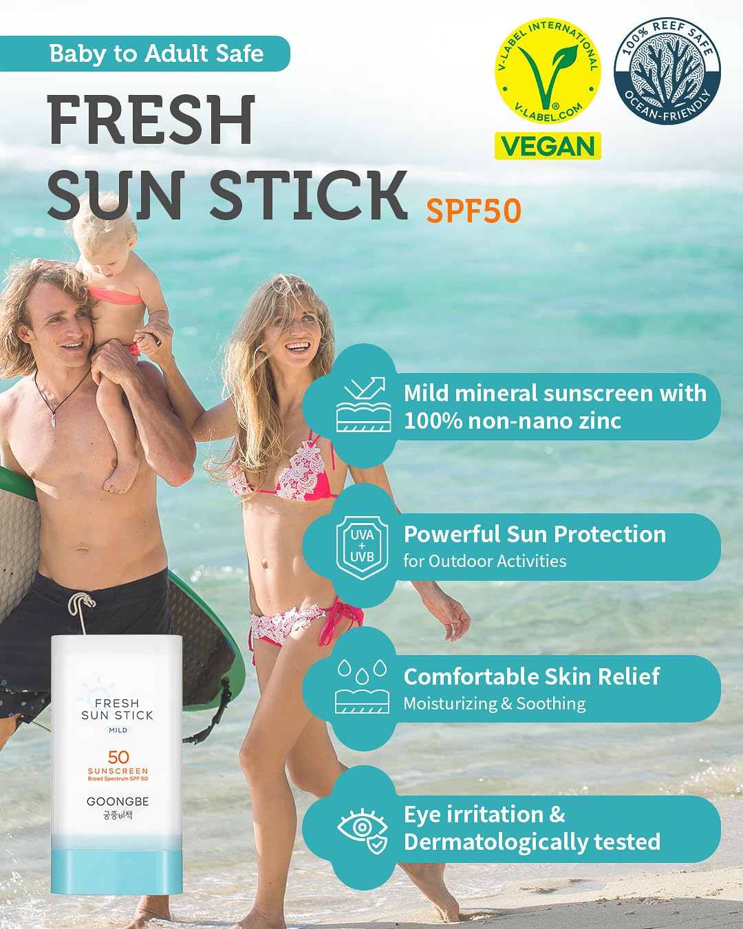 GOONGBE Fresh Sun Stick Mild SPF 50 - No White Cast Zinc Oxide Mineral Sunscreen Stick Balm - Non Greasy Soft Matte Finish - Travel Friendly for Babies, Kids & Adults - Vegan, Reef-Safe, 0.49oz.