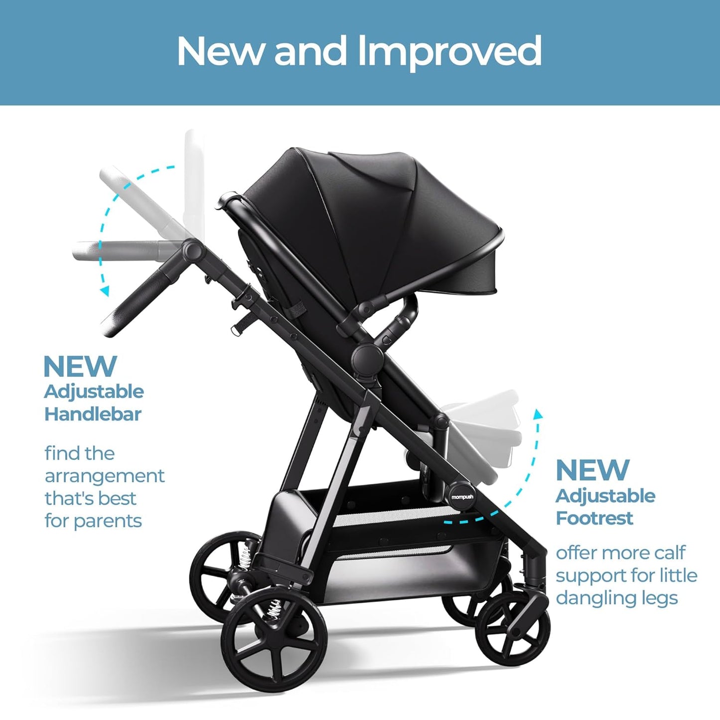 Mompush Baby Stroller, Convertible 2-in-1 with Bassinet Option, Infant Car Seat Compatible, Includes Adapter - Sturdy Full-Size Infant Stroller for Family Adventures