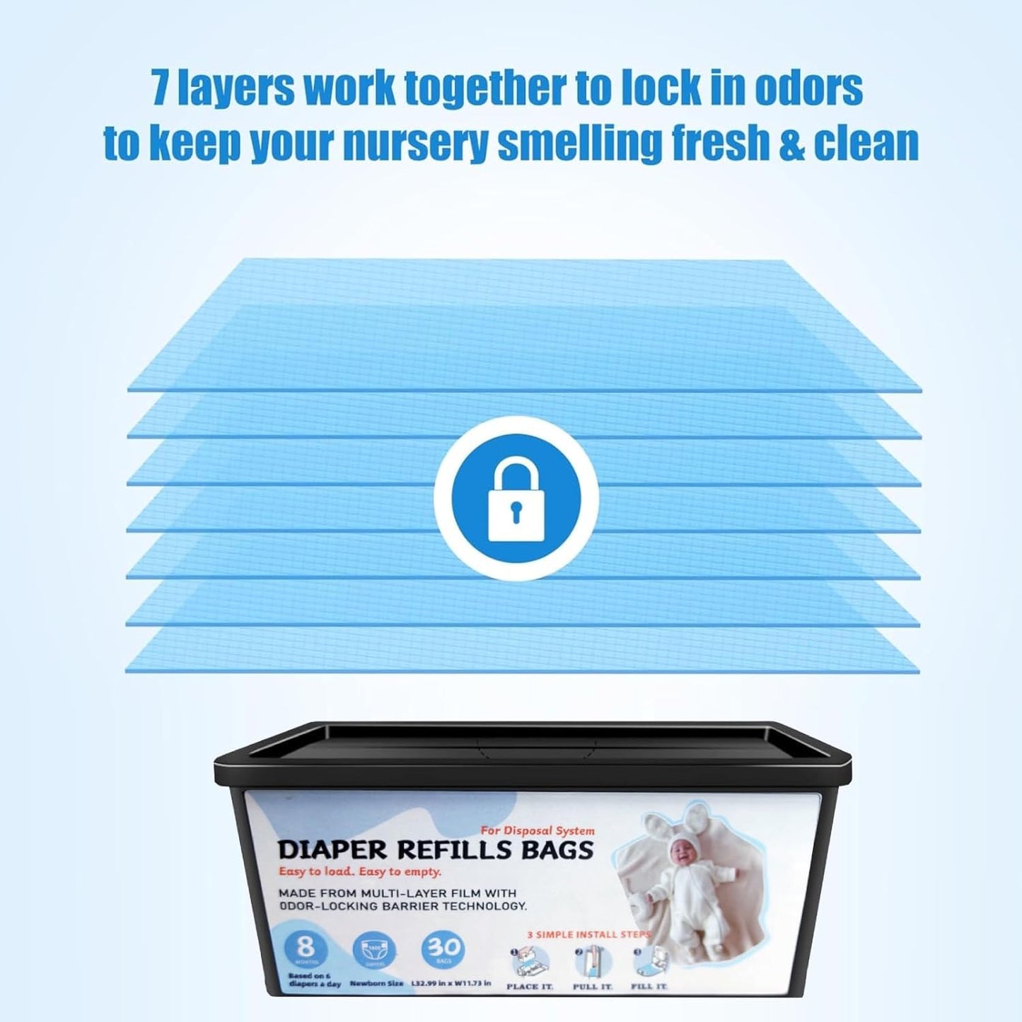 Diaper Pail Refills Bags with 30 Bags, Compatible with Genie Easy Roll Signature Diaper Pail and Platinum Diaper Pail, 7-Layer Odor-Barrier Technology, 2 Pack (60 Bag)