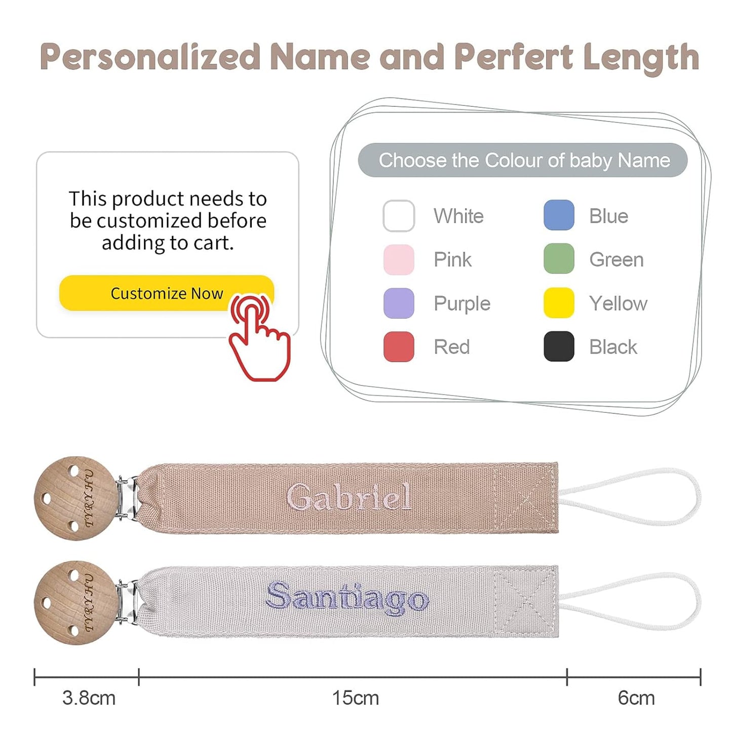 TYRY.HU Personalized Pacifier Clip with Name, Embroidery Pacifier Holder for Baby Girls and Boys, Neutral Binky Clips Universally Fit All Pacifiers & Baby Toys, Baby Gift, 2 Pack(Grey,Khaki)