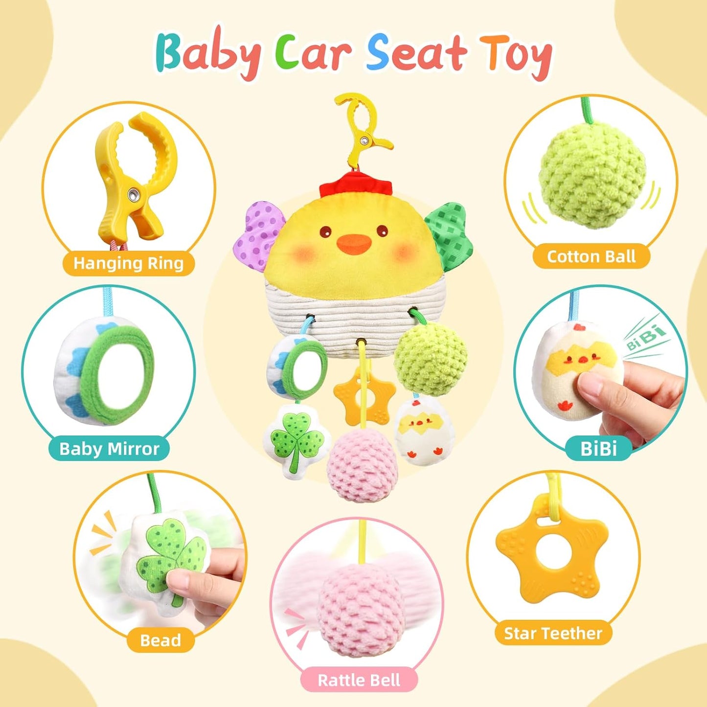 Stroller Toys for Babies 6-12 Months, Car Seat Toys for Babies 0-6 Months Boys Girls, Rattle Mirror Crib Carseat Hanging Toy for 3-6 Month, Newborn Gifts for Baby