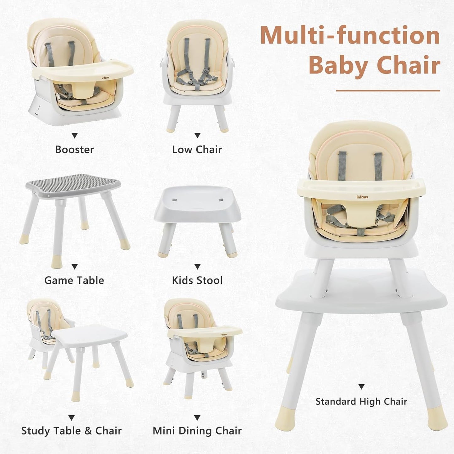 INFANS 8 in 1 Baby High Chair, Convertible Highchair for Babies and Toddlers, Infant Dining Booster Seat, Building Block Table, Kids Stool Table Chair Set with Removable Tray