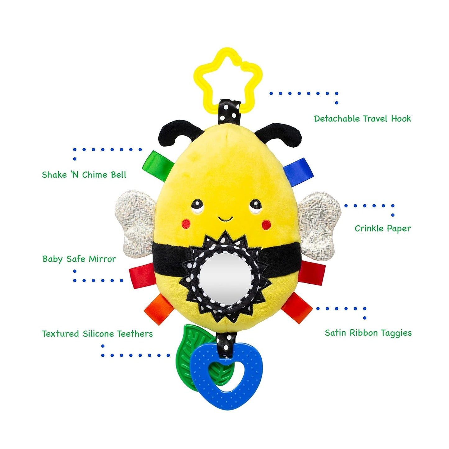 Squish 'N Play Bee Activity Toy - Multi-Sensory Learning Baby Toy - Stroller, Car Seat, Tummy Time, Teether - Baby Gift with Mirror, Rattle & Taggies