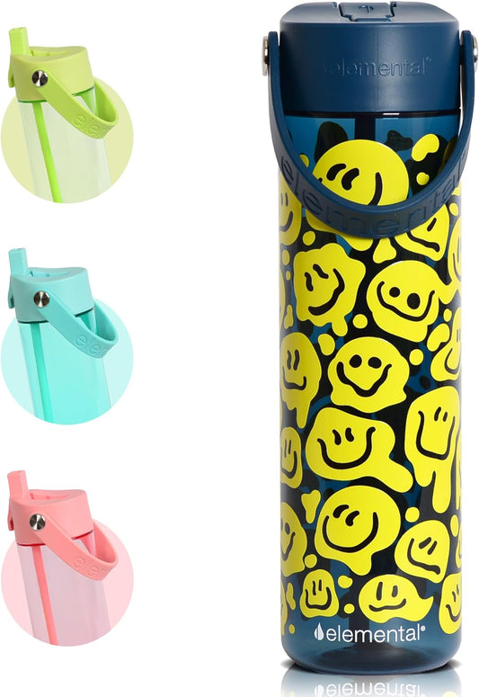 Elemental Splash Water Bottle with Straw - BPA-Free Tritan Plastic Reusable Water Bottle with Strap - Ideal for Travel, Gym and Sports - Leak Proof when Spout is Closed - 26oz - Smiley Melt