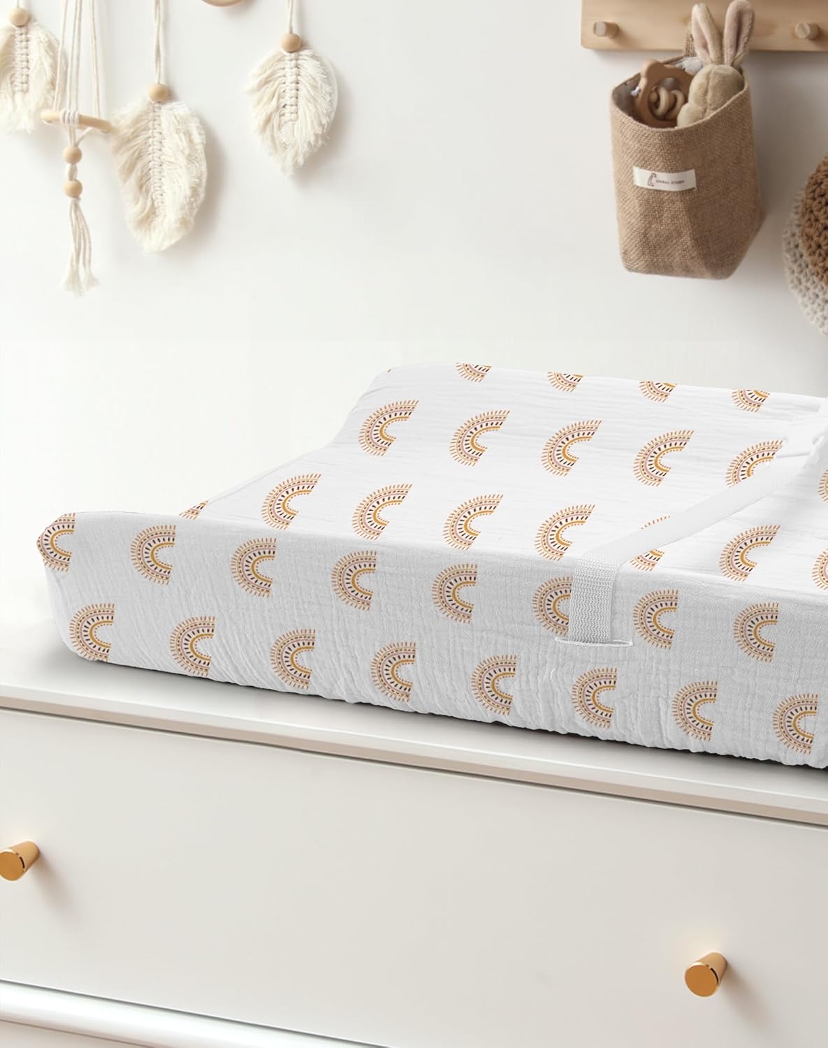 Changing Pad Cover for Baby Boy Girl 2 Pack, Muslin Changing Table Pad Covers with Boho Style, Neutral Nursery Bedding Essentials Soft and Breathable(Beige & Rainbow)