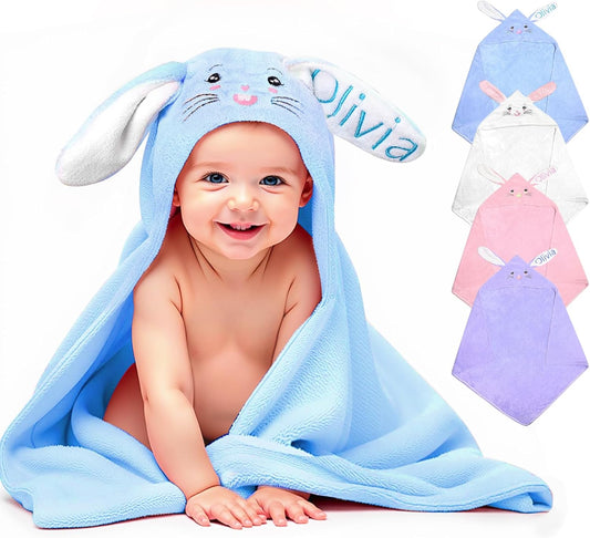 Custom Hooded Baby Towel with Name, Personalized Soft Absorbent Bunny Bath Towel, Shower Towels for Girls Boys, Easter Brithday for Kids, Baby, Toddler, Newborn Essential